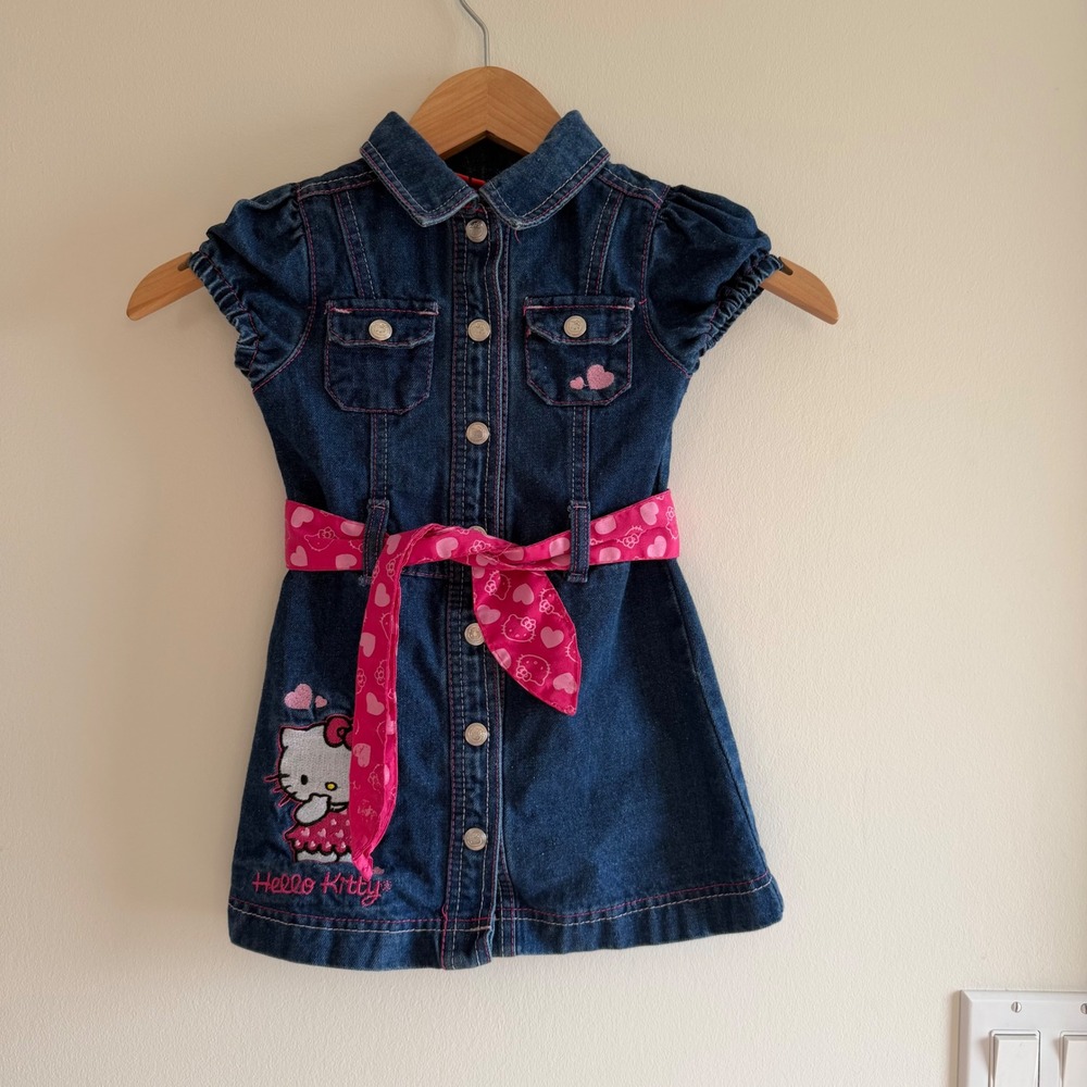 Hello Kitty Denim Button Front Dress Blue Pink Girls 4T Sanrio Y2K Kidcore